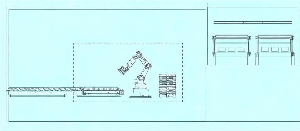 Schematic plant layout showing a palletizing robot cell with infeed and pallet discharge, not a real street map