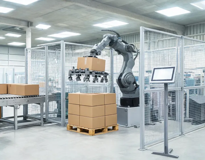Four-axis palletizing robot placing cases onto a pallet inside a guarded cell